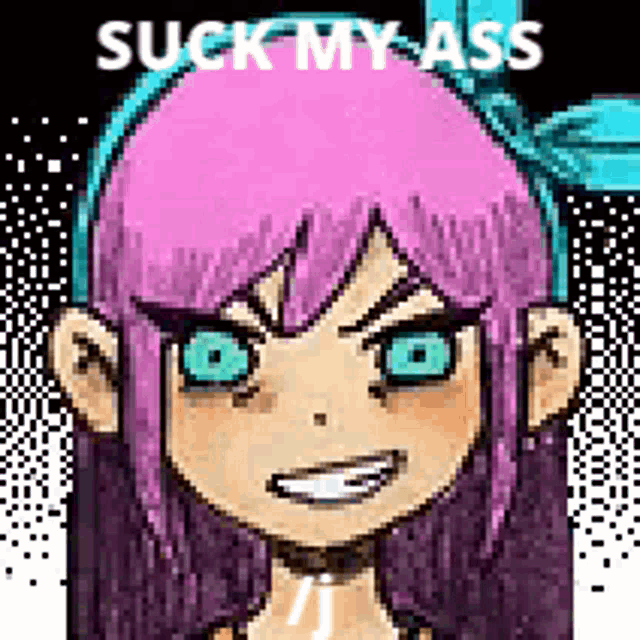a pixel art drawing of a girl with purple hair and green eyes says suck my ass .