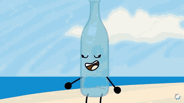 a cartoon of a bottle and a blue ball in the water