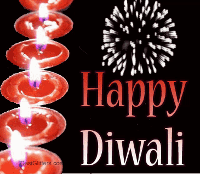 a happy diwali greeting card with fireworks and candles