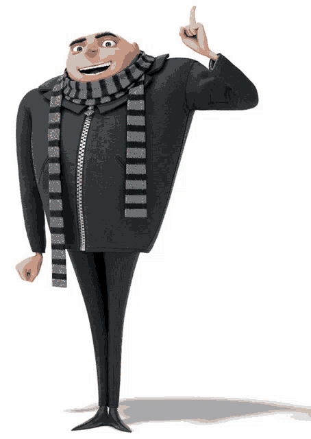 a cartoon character wearing a scarf and a jacket points up