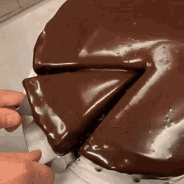 a person is cutting a chocolate cake with a knife