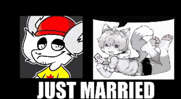 a cartoon of a cat with a red hat and a cartoon of a cat laying down with the words just married above it