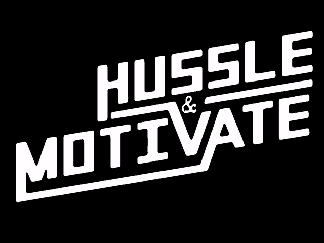 a white logo that says hustle & motivate on a black background