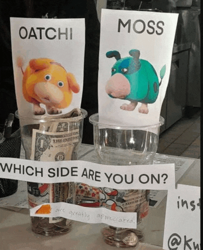 two cups filled with money and a sign that says oatchi moss which side are you on