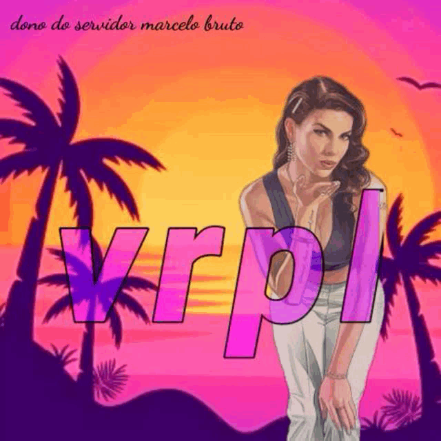 a woman is standing on a beach with palm trees in the background and the word vrpl written in pink letters .