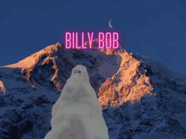 a snowman is standing in front of a snowy mountain with billy bob written in neon