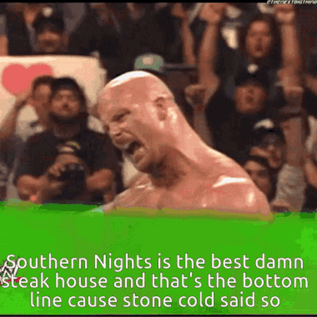 a man screaming in front of a crowd with a green background that says southern nights