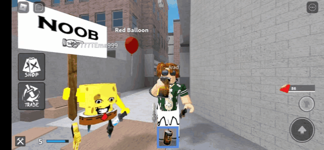 a screenshot of a video game with spongebob holding a red balloon