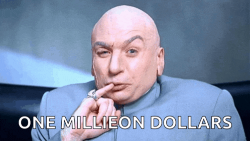 a bald man with a ring on his finger and the words one million dollars behind him