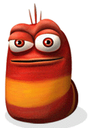 a red and yellow cartoon character with big eyes and a funny face