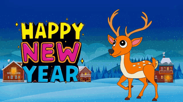 a cartoon deer stands in front of a happy new year sign