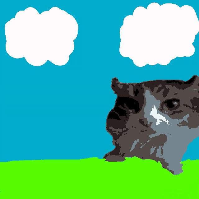 a drawing of a cat with a blue sky and clouds in the background