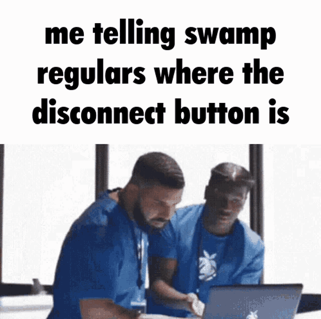 two men are looking at a laptop and one of them is telling the other where the disconnect button is