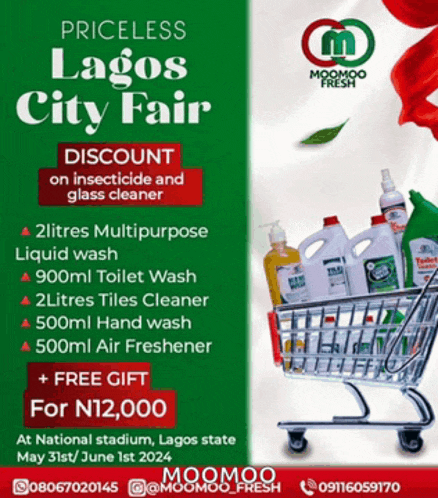 an advertisement for the priceless lagos city fair with a shopping cart full of cleaning products