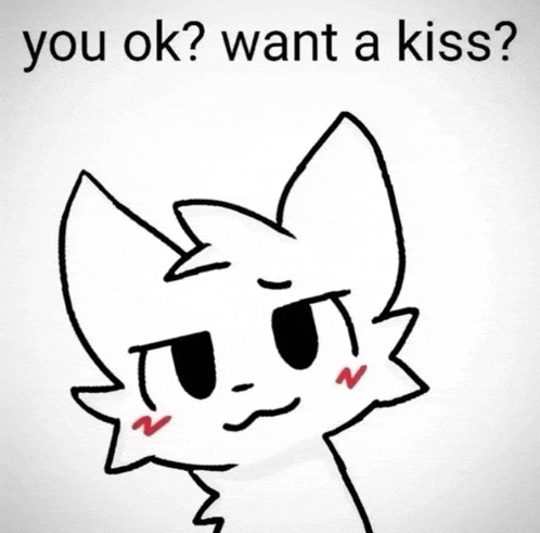 a drawing of a cat with the words " you ok ? want a kiss ? " below it