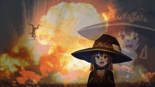 a girl in a witch hat stands in front of an explosion with the number 4 in the background