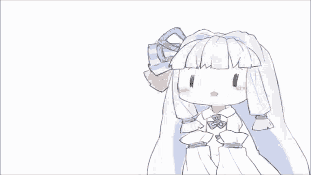 a drawing of a girl in a white dress with blue bows