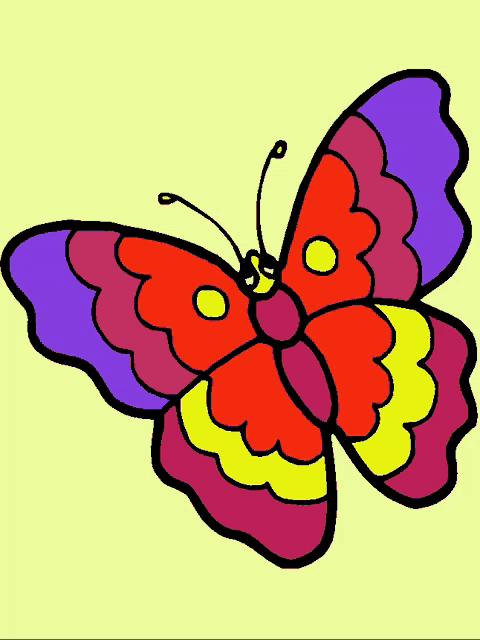 a drawing of a colorful butterfly with a yellow center on a yellow background