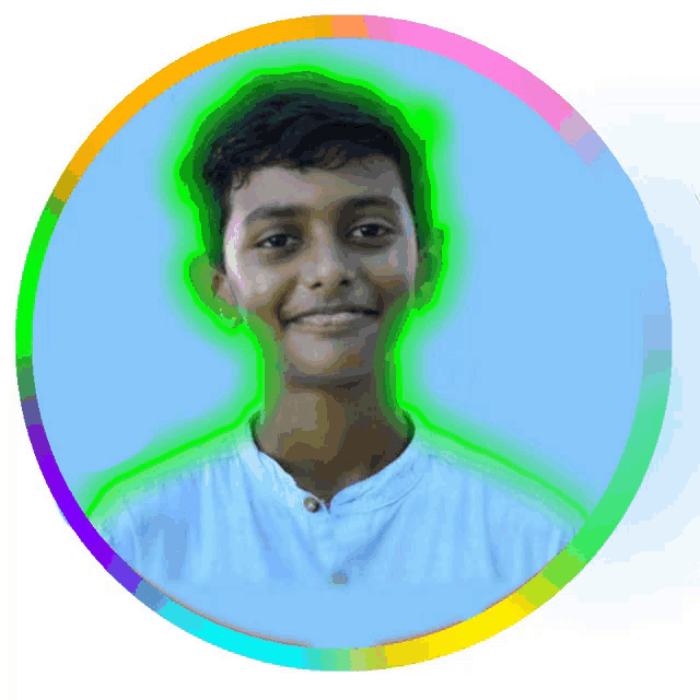 a boy in a white shirt is in a circle with a green border