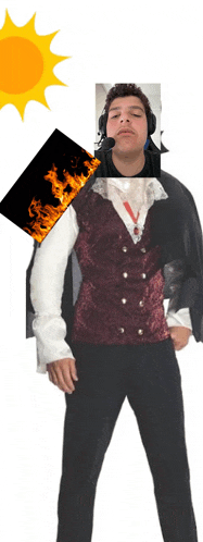 a man in a vampire costume stands in front of a sun and a picture of flames