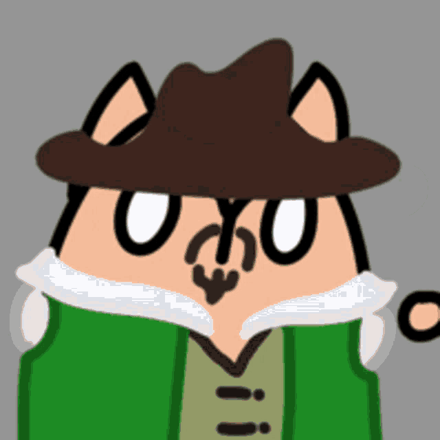 a cartoon fox wearing a hat and a green vest