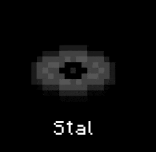 a pixel art drawing of a cd with the word stal written below it .