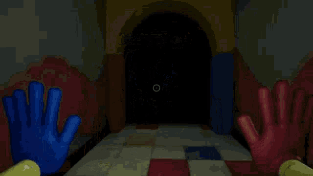 a blue hand and a red hand are reaching out towards a monster in a hallway