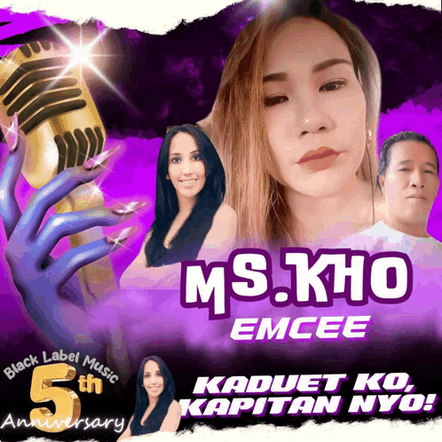 an advertisement for ms. kho emcee with a woman holding a microphone