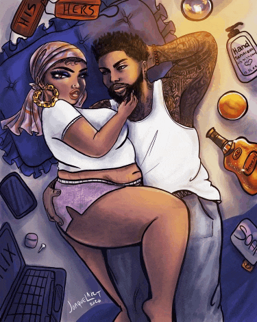 a drawing of a man and a woman laying on a bed with a bottle of hers lotion on the floor