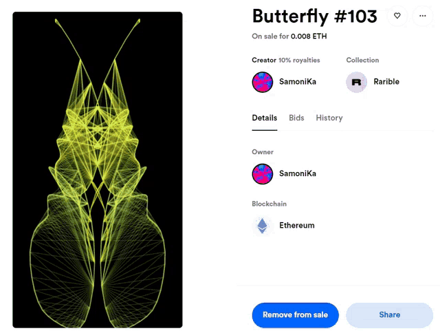 butterfly # 103 is on sale for 0.008 eth and has a blue share button