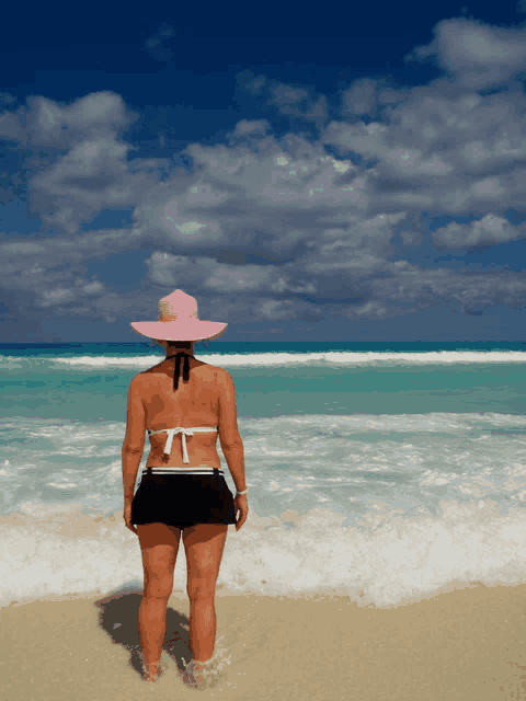 a woman in a pink hat stands on a beach