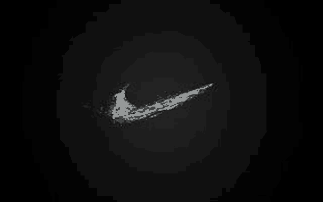 a white nike logo on a black background with water splashing out of it .