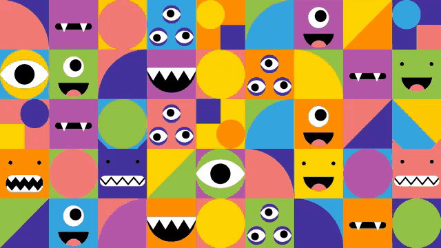 a pattern of colorful squares and circles with faces on them