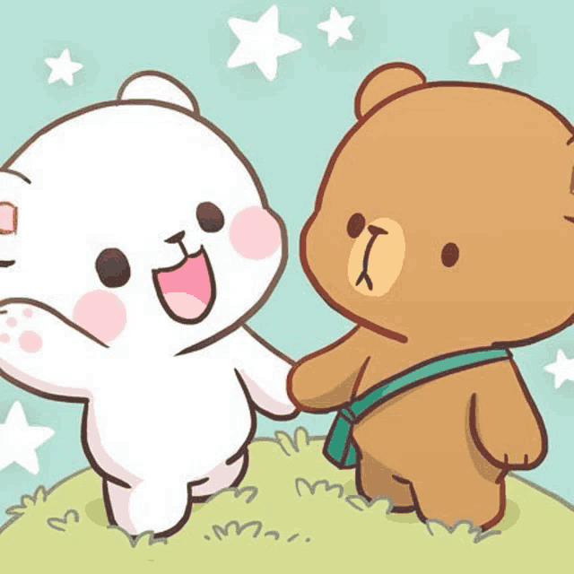 a white teddy bear and a brown teddy bear are holding hands on a hill .