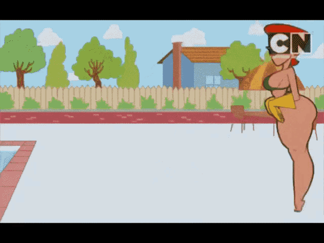 a cartoon of a woman standing next to a pool with the cn logo on her head