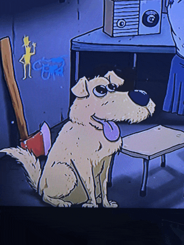 a cartoon dog is sitting next to a small table and a radio