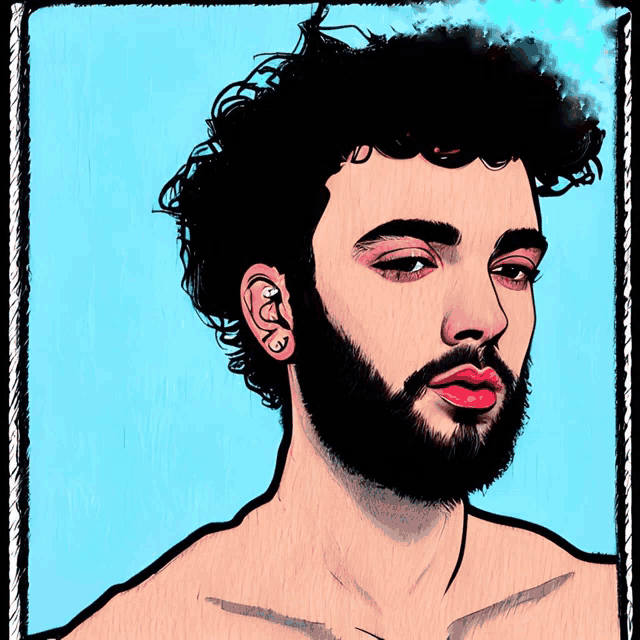 a drawing of a man with curly hair and a beard