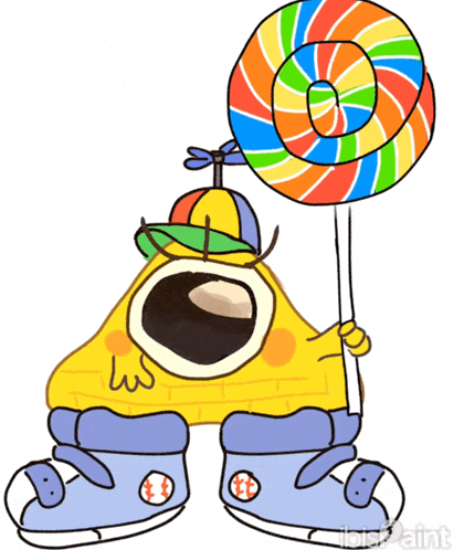 a cartoon character is holding a colorful lollipop and wearing ice skates