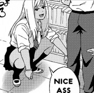 a black and white drawing of a girl squatting down next to a man and a speech bubble that says nice ass .