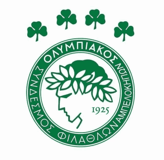 a green logo with a man 's head and shamrocks says olympiakos