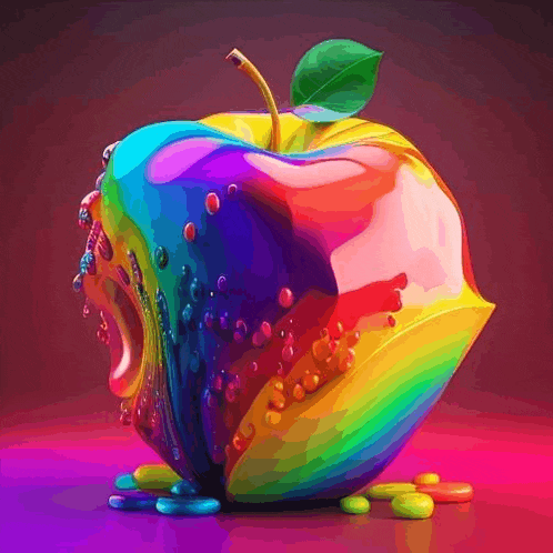 a colorful apple with a bite taken out of it is surrounded by jelly beans