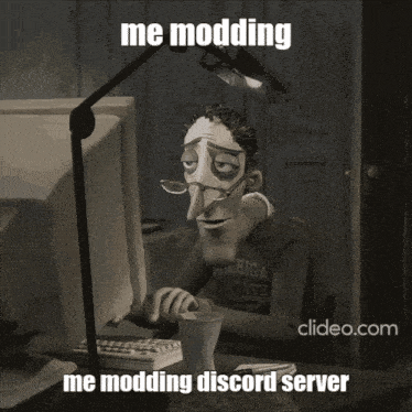 a cartoon character is sitting in front of a computer with the words me modding me modding discord server below him