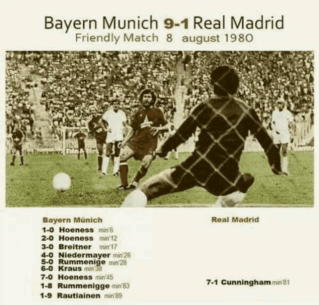 a black and white photo of a soccer game between bayern munich and real madrid in august 1980 .