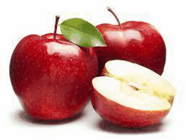 three red apples with green leaves and a sliced apple .