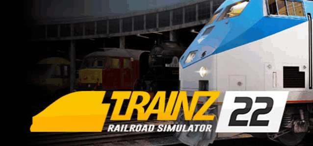 trainz 22 railroad simulator with a blue and white train in the foreground