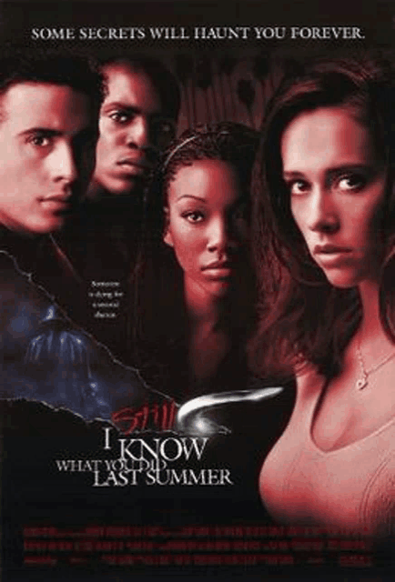 the movie poster for i know what you did last summer shows a group of people standing next to each other .