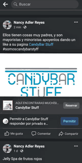 a facebook page for nancy adler reyes has a candybar stuff logo on it