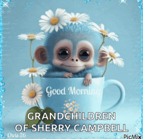 a picture of a monkey in a cup with daisies and the words good morning grandchildren of sherry campbell