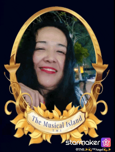 a picture of a woman in a gold frame with the words " the musical island " on it