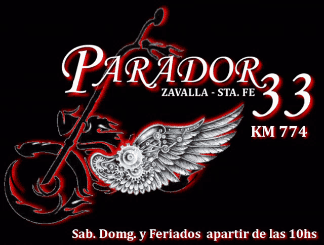 a parador 33 km 774 sign with a motorcycle and wings